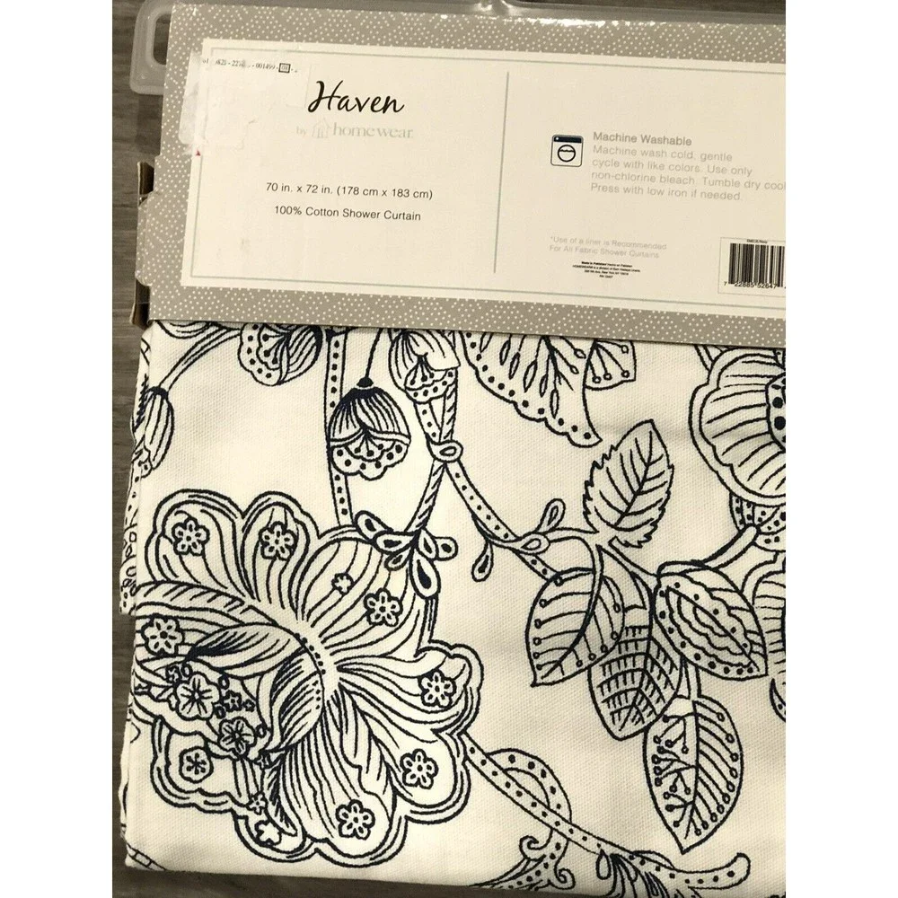 HAVEN BY HOMEWEAR SHOWER CURTAIN White/Navy FLORAL Medallion 100% COTTON New
